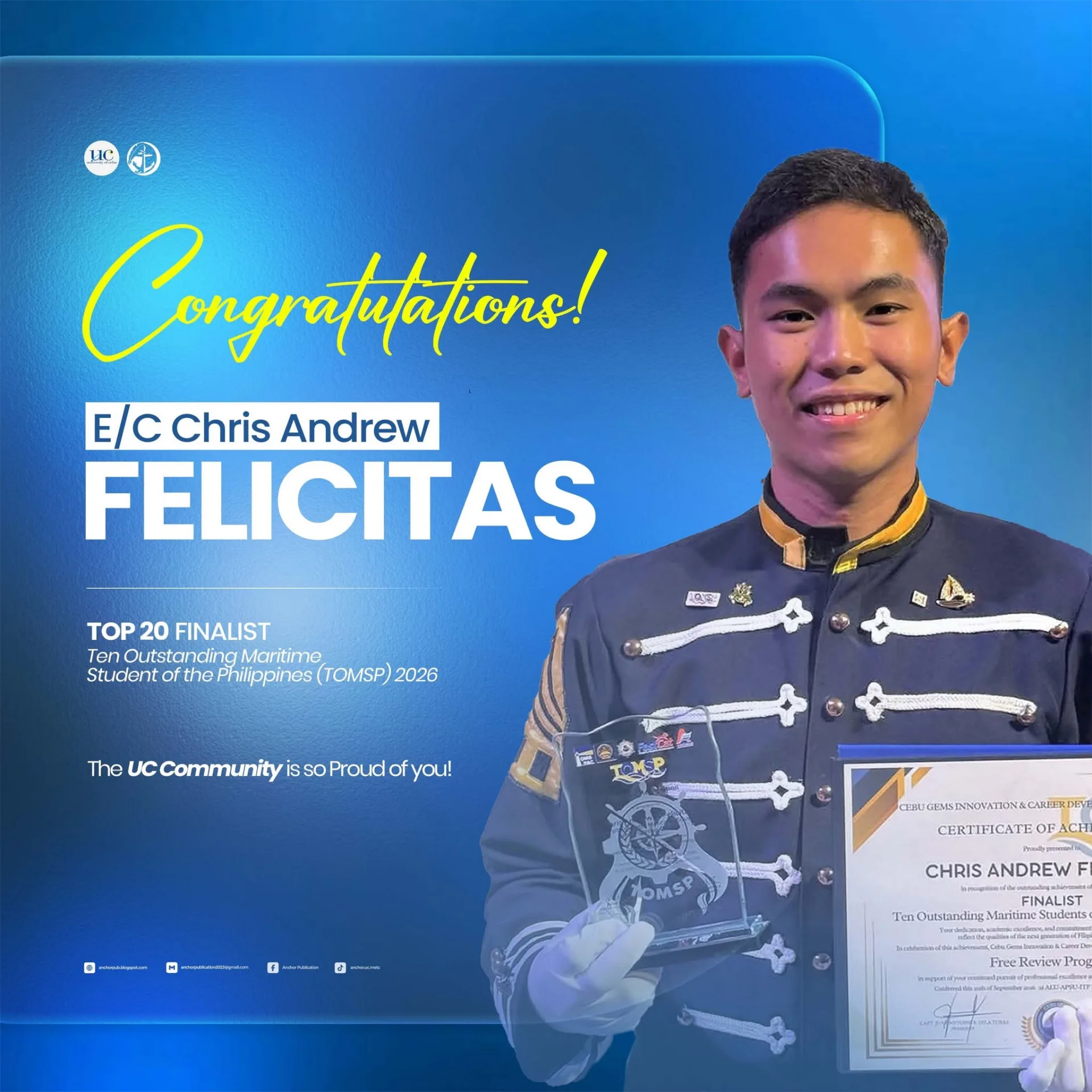 Top 20 Finalists in the Ten Outstanding Maritime Students of the Philippines (TOMSP) 2026!